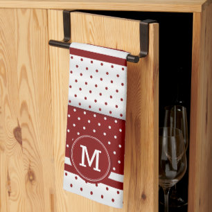 Monogram Dark Red and White Polka Dot Tea Towel