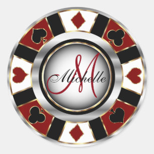Monogram Dark Red  Casino Poker Chip Design Classic Round Sticker
