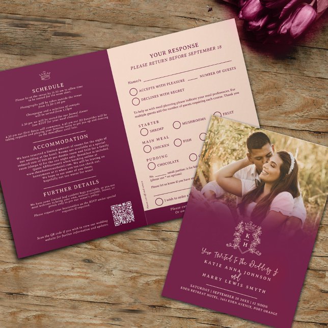 Monogram dark red crown wedding meal option RSVP Invitation (Creator Uploaded)