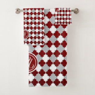 Monogram Dark Red, Grey and White Quatrefoil Bath Towel Set