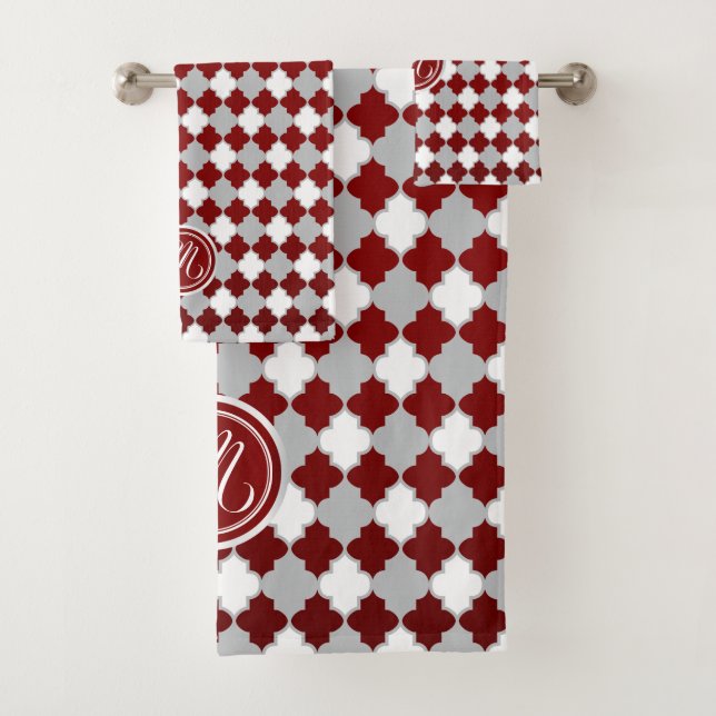 Monogram Dark Red, Grey and White Quatrefoil Bath Towel Set (Insitu)