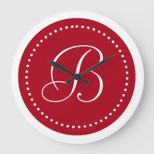 Monogram Dark Red/White Dot Border Large Clock