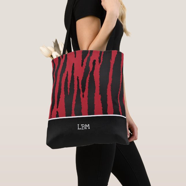 Monogram Dark Red Zebra Stripes Tote Bag (Close Up)