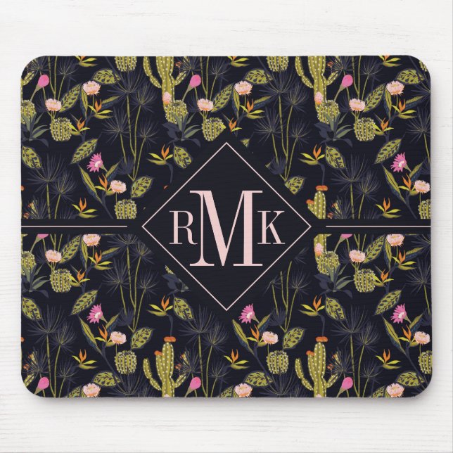 Monogram | Dark Summer Night Cactus Pattern Mouse Mat (Front)