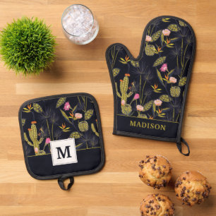 Monogram Dark Summer Night Cactus Pattern Oven Mitt & Pot Holder Set
