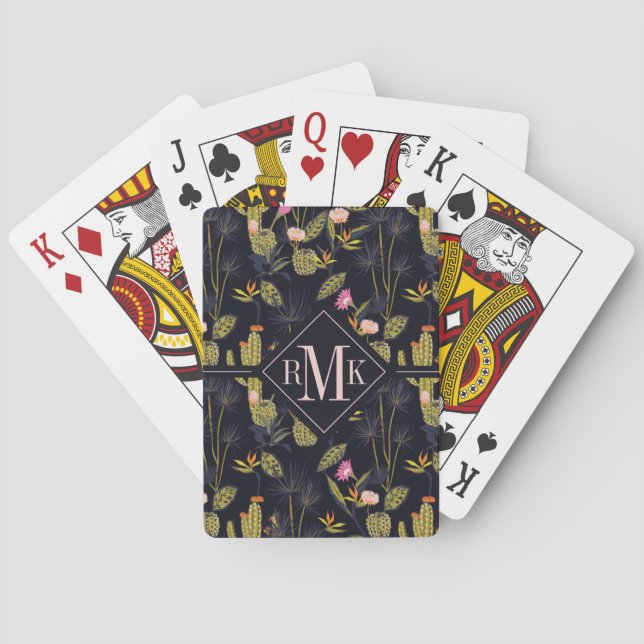 Monogram | Dark Summer Night Cactus Pattern Playing Cards (Back)