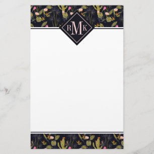 Monogram Dark Summer Night Cactus Pattern Stationery