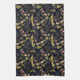 Monogram   Dark Summer Night Cactus Pattern Tea Towel