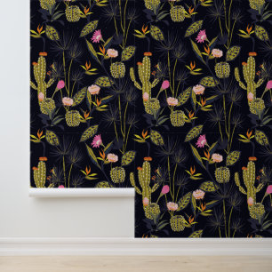 Monogram Dark Summer Night Cactus Pattern Wallpaper