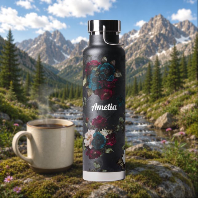 Monogram Dark Turquoise Red Floral Bloom Water Bottle (Creator Uploaded)