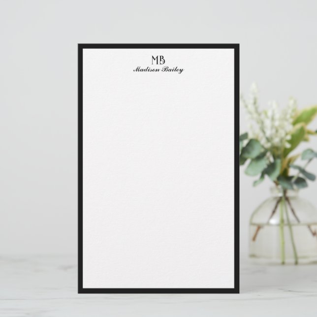 Monogram Decorative Typography Black Border Stationery (Standing Front)