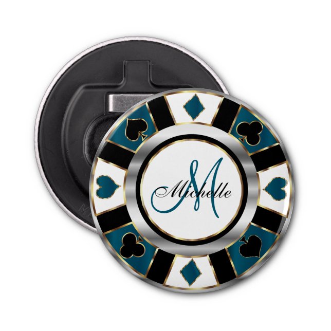 Monogram Deep Blue Teal Poker Chip Design Bottle Opener (Front)