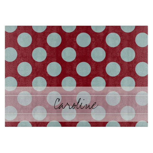 Monogram Deep Red Pale Blue Fun Polka Dot Pattern Cutting Board (Front)
