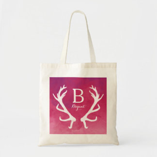 Monogram Deer Antlers Bright Pink Watercolor Tote Bag