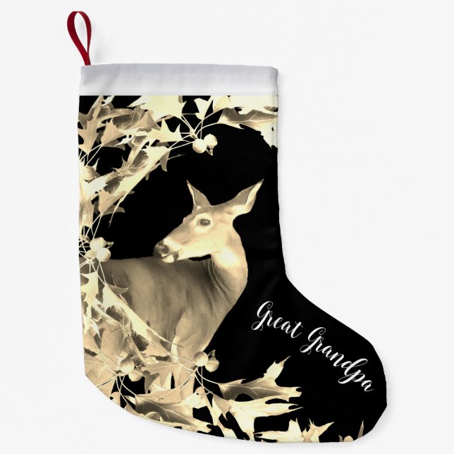 Monogram Deer Doe Gold Leaves Vines Brown Black Small Christmas Stocking (Front)