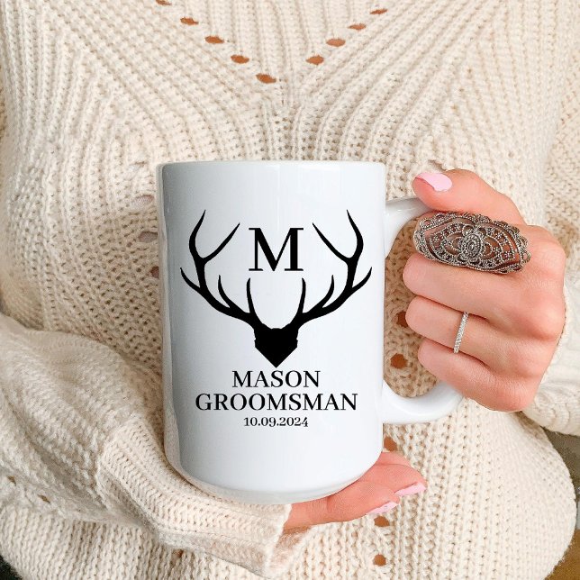 Monogram Deer Horn Groomsman Proposal Best Man Two-Tone Coffee Mug (Monogram Deer Horn Groomsman Proposal Best Man Two-Tone Coffee Mug)