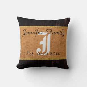 Monogram Deer Rustic Burlap Linen Wood Look Cushion