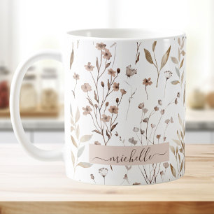 Monogram Delicate Brown Wildflowers Leaves Coffee Mug