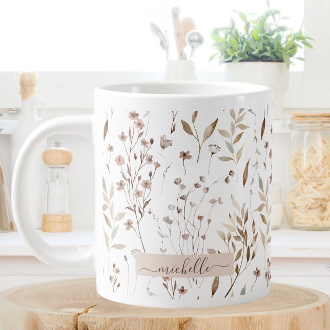 Monogram Delicate Brown Wildflowers Leaves Large Coffee Mug (In situ)