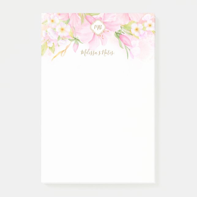 Monogram Delicate Watercolor Botanical Pink Floral Post-it Notes (Front)