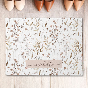 Monogram Delicate Watercolor Brown Flowers Leaves Doormat