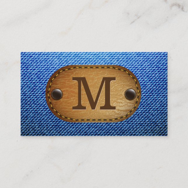 Monogram | Denim Brown Leather Stitched Patch Business Card (Front)