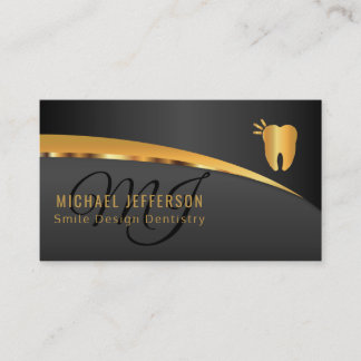 Monogram Dentist Office - Black and Gold Business Card