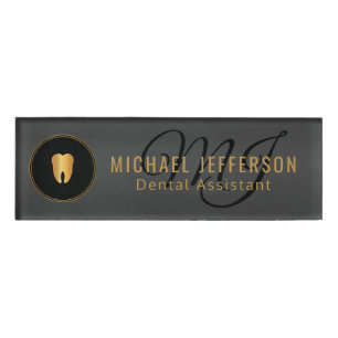 Monogram Dentist Office - Black and Gold Name Tag