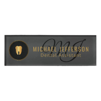 Monogram Dentist Office - Black and Gold Name Tag