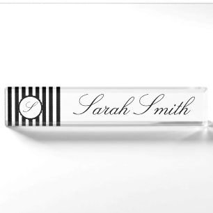 Monogram Desk Name Plate Black White Striped