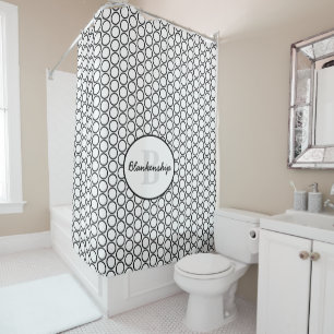 Monogram Diagonal Black White Circle Pattern Over Shower Curtain