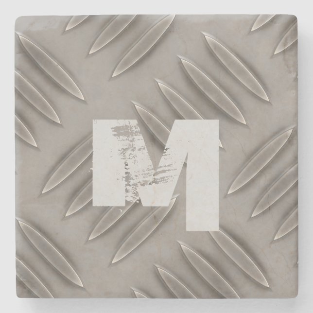 Monogram Diamond Grey Metal Plate Stone Coaster (Front)