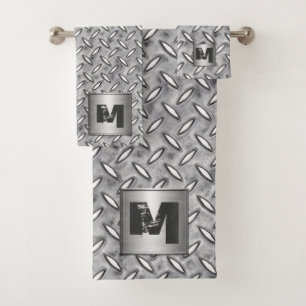 Monogram Diamond Metal Plate in Grey Bath Towel Set