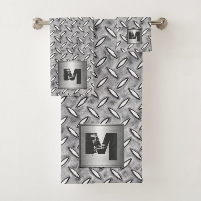 Monogram Diamond Metal Plate in Grey Bath Towel Set (Insitu)