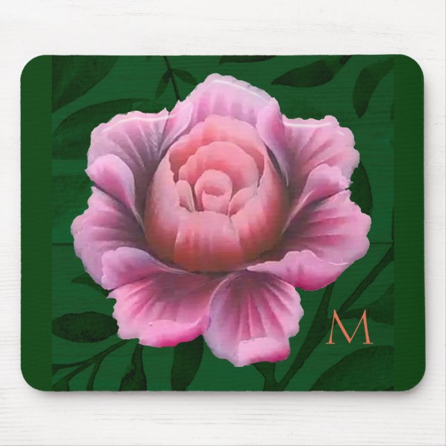 Monogram Dk Green Pink Flower Mouse Mat (Front)