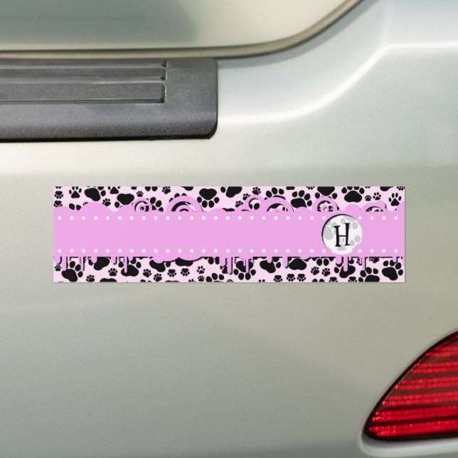 Monogram - Dog Paws, Traces, Paw-prints - Pink Bumper Sticker (On Car)