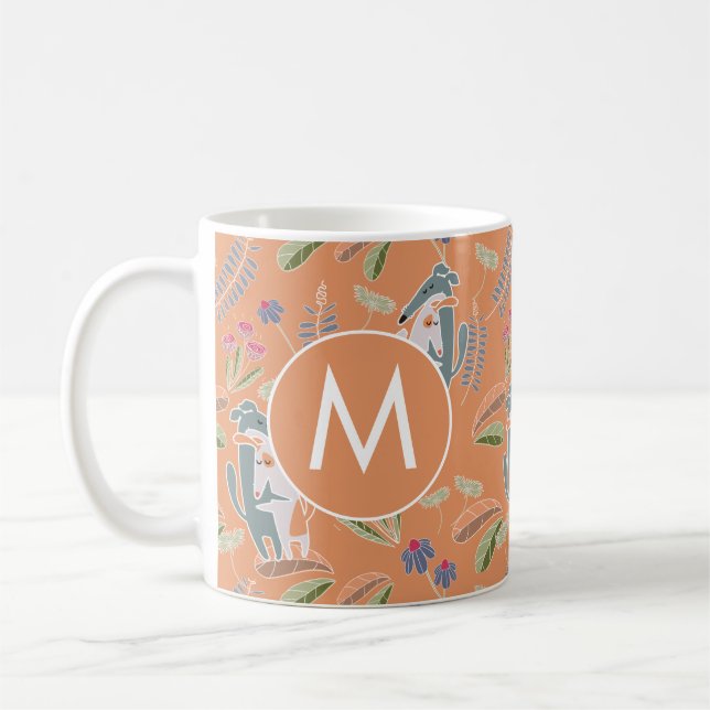 Monogram Dogs Floral Pattern Terracotta Coffee Mug (Left)