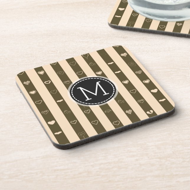 Monogram Donkey Brown Stripes Modern Heart Pattern Coaster (Left Side)