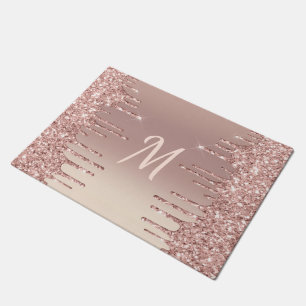 Monogram Doormat Rose Gold Blush Glitter Drips