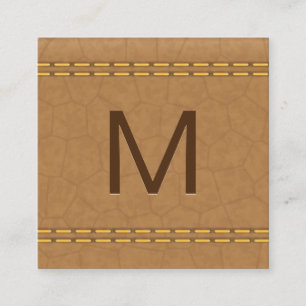 Monogram Double Stitched Tan Leather Square Business Card
