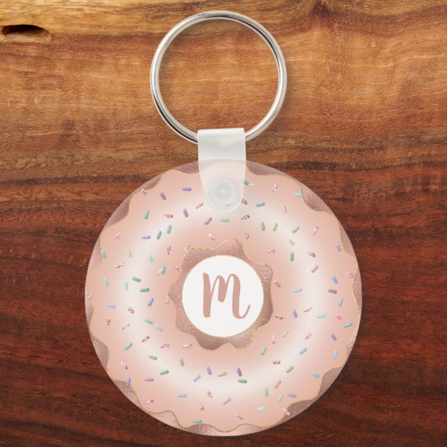 Monogram doughnut pink rose gold foil script glam key ring (Front)