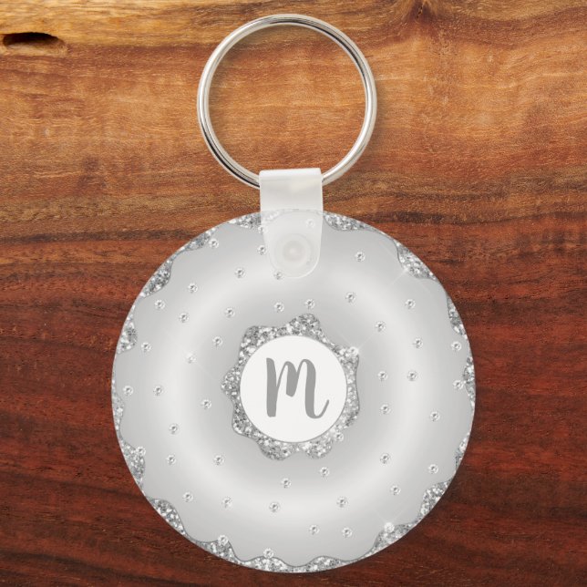 Monogram doughnut silver glitter script chic girly key ring (Front)
