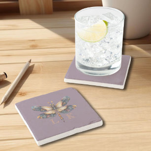 Monogram Dragonfly Folk Art Soft Purple Stone Coaster