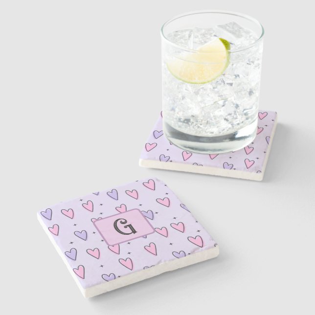 Monogram Drawing of Whimsical Small Hearts Pink  Stone Coaster (Side)