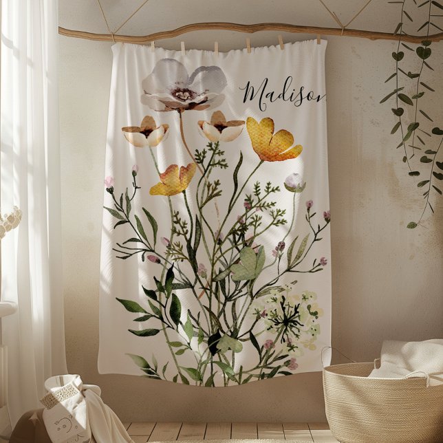 Monogram Dried Wildflower Bouquet Fleece Blanket (In situ)
