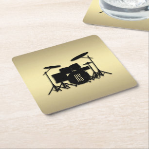 Monogram Drum Set Gold Square Paper Coaster