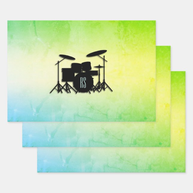 Monogram Drum Set Green Wrapping Paper Sheet (Set)