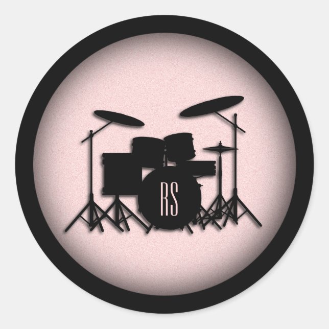 Monogram Drum Set Music Design Pink  Classic Round Sticker (Front)