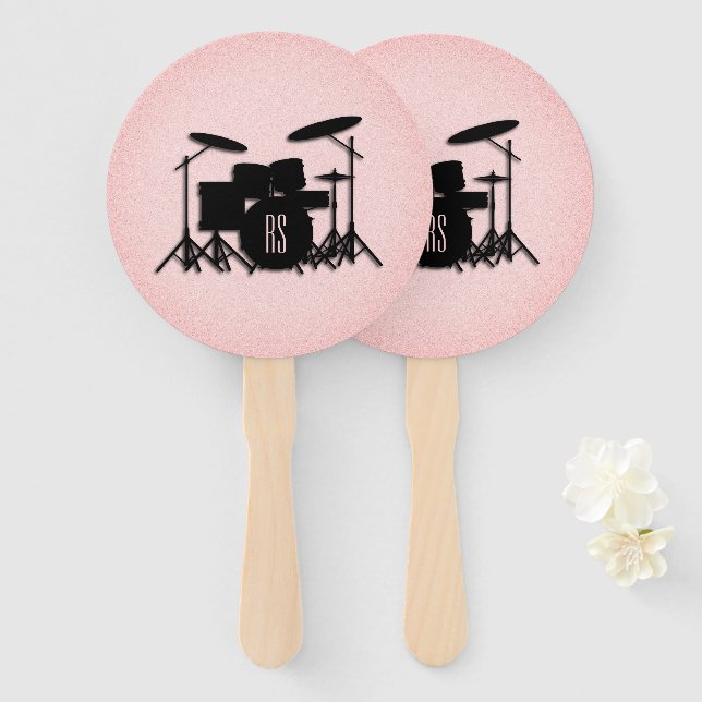 Monogram Drum Set Music Design Pink  Hand Fan (Front and Back)