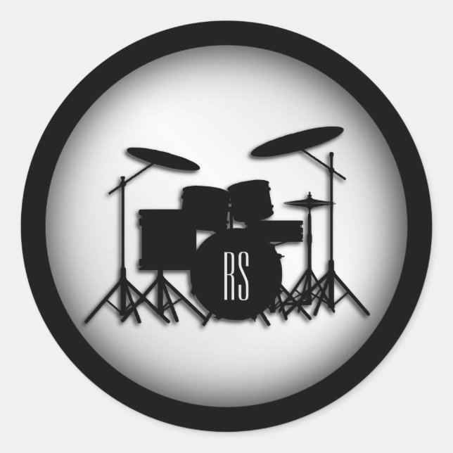 Monogram Drum Set Silver Classic Round Sticker (Front)